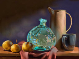 Blue Glass and Pottery